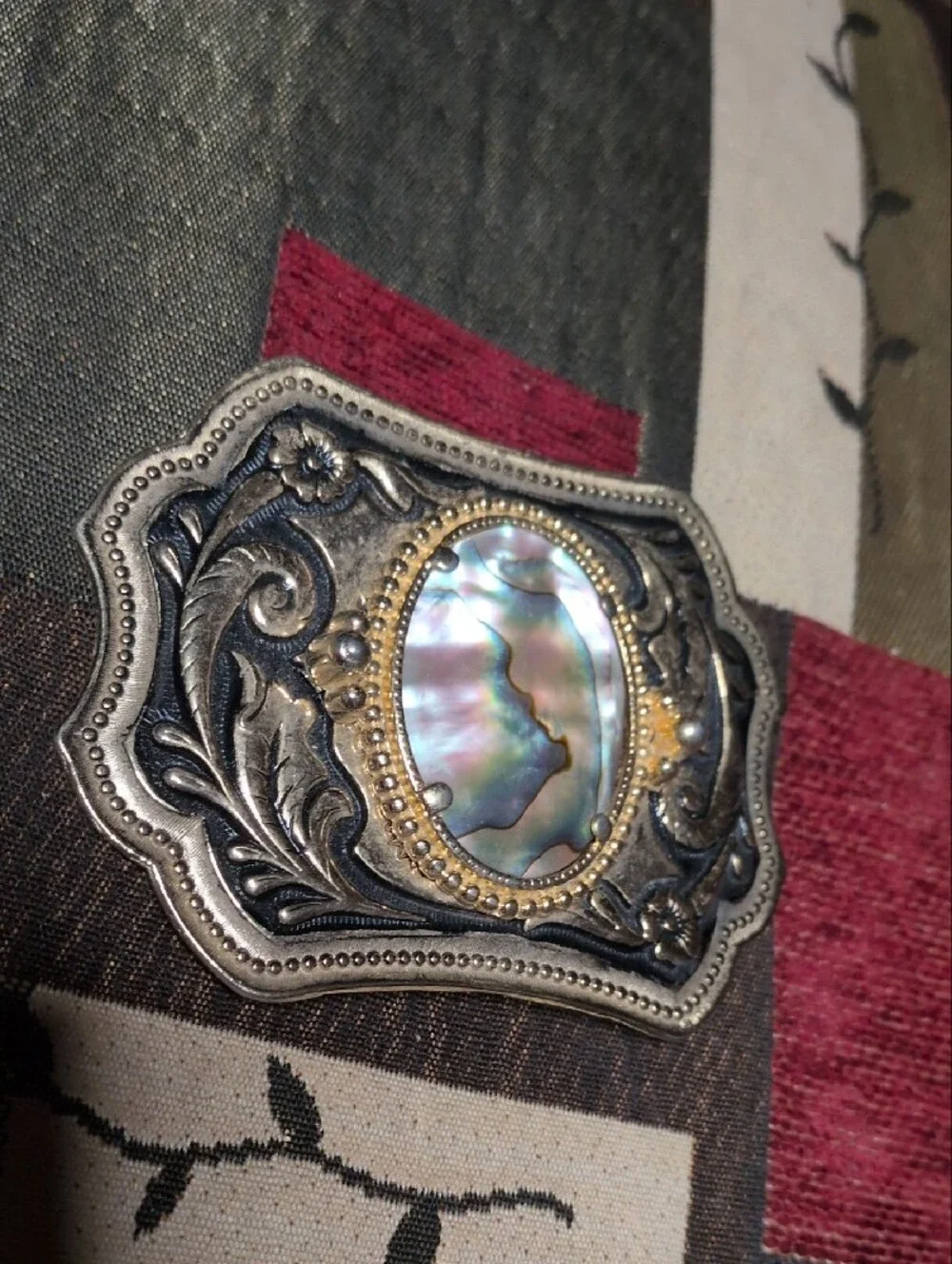 Ornate Abalone Shell Buckle in Silver Tone